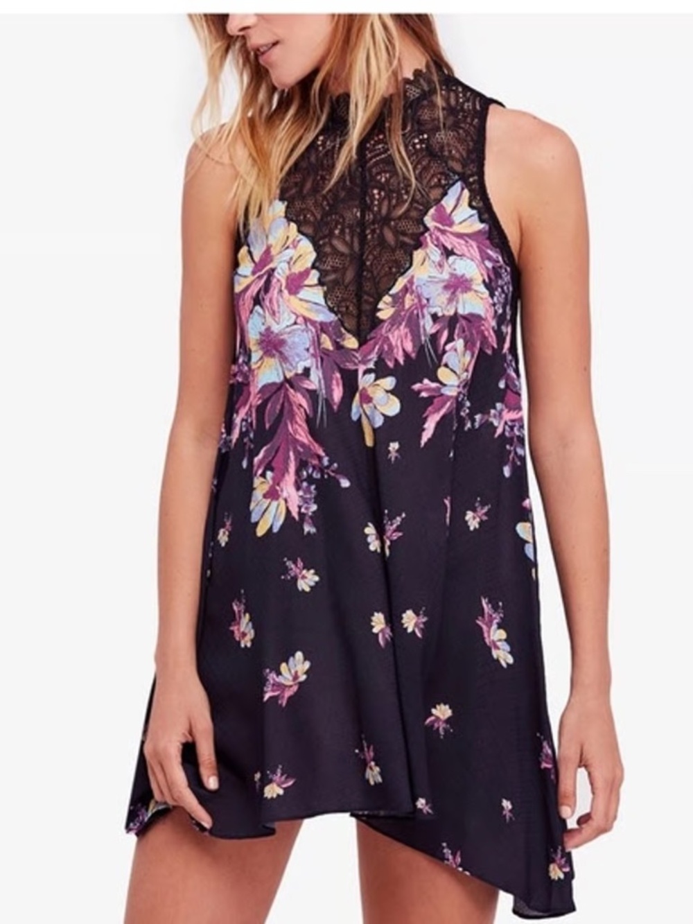 Intimately Free People Floral Lace Mock Neck Trapeze Slip Dress Women's Size S